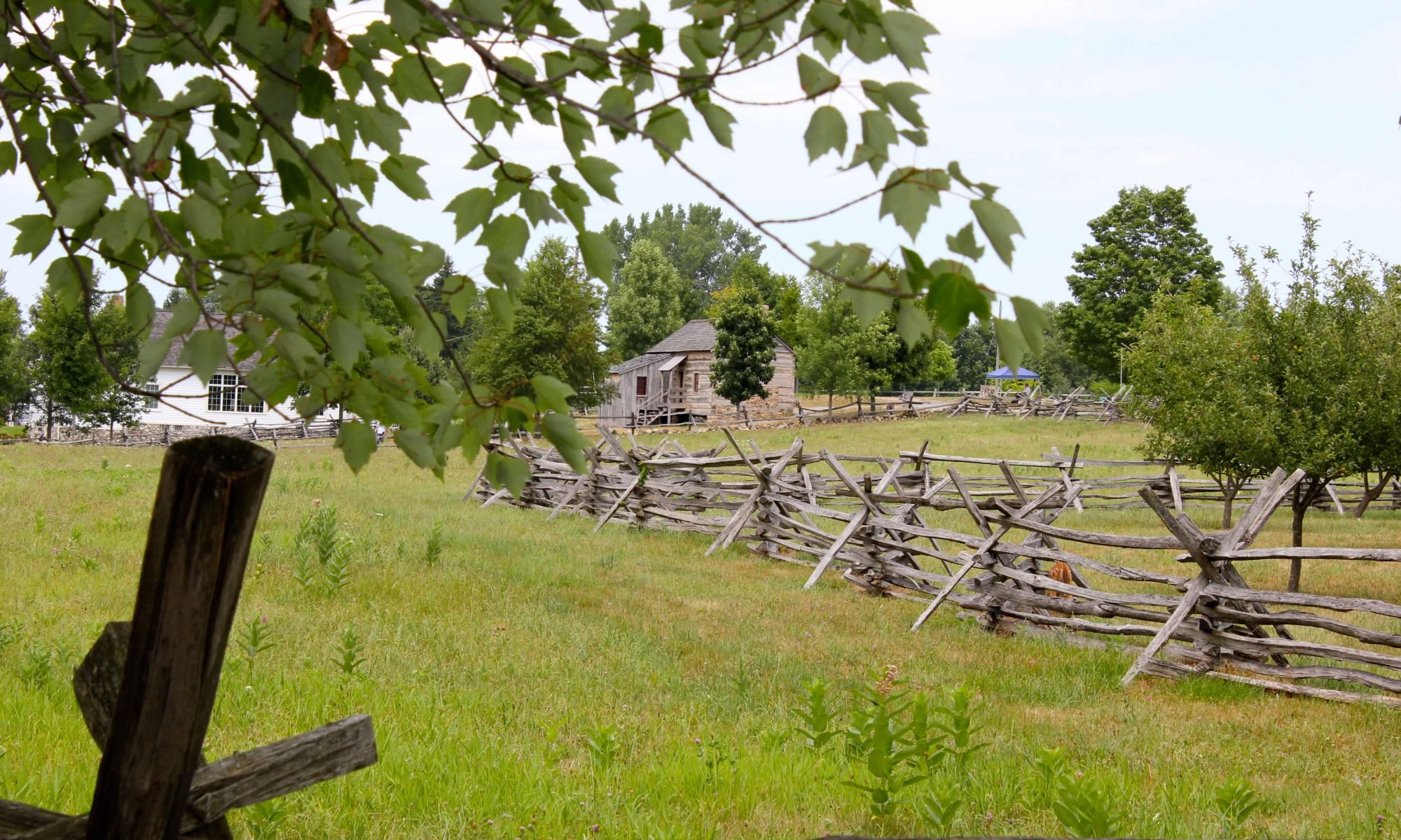 A brown-gray log cabin from across a fenced field.