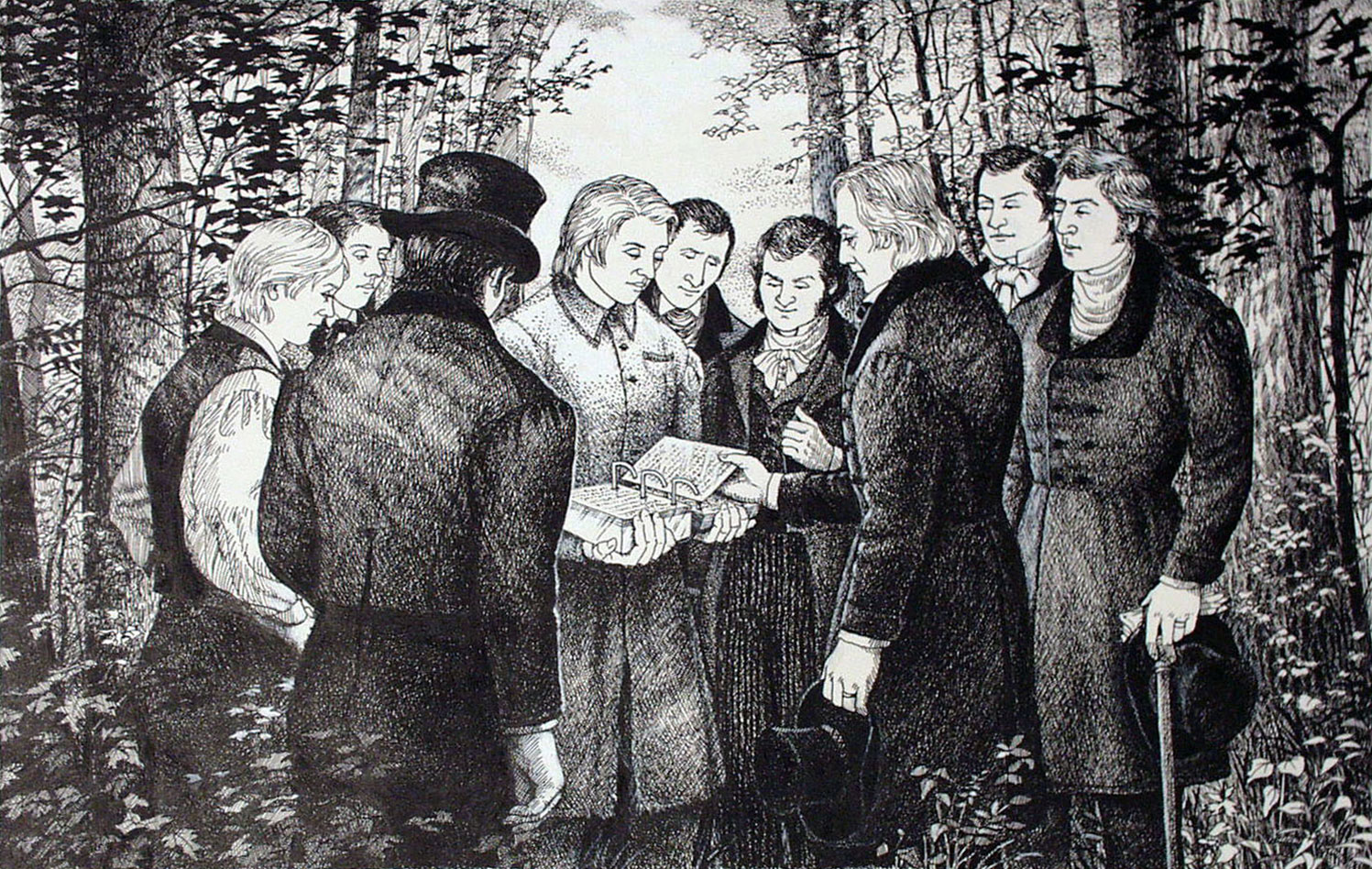A black and white drawing. In a clearing surrounded by trees eight men surround Joseph Smith, Jr., who is holding the golden plates open.