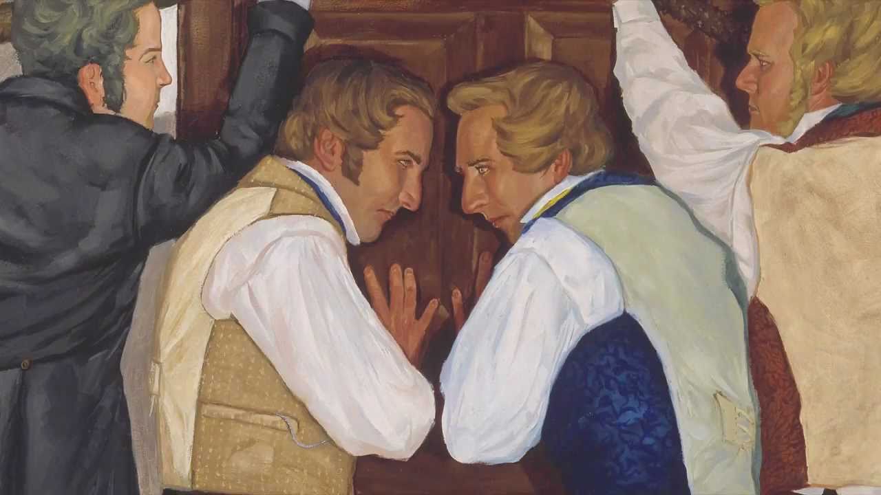 A painting of Joseph Smith, Jr.; Hyrum Smith; Willard Richards; and John Taylor leaning against the door of the bedroom in Carthage where Joseph and Hyrum were killed.