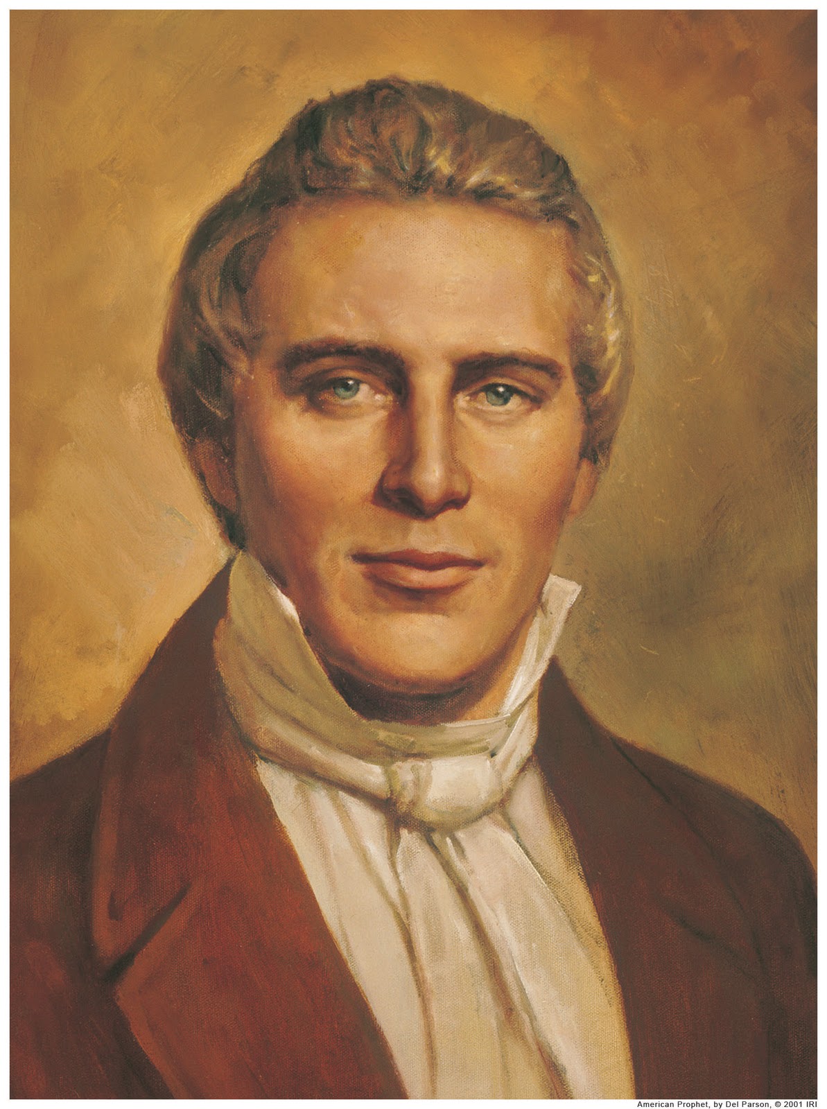 A painting of Joseph Smith. He wears a red coat, a white shirt with the collar up, and a white cravat. He has blond hair, which is combed back, and wears a slight smile. His features are strong and firm.