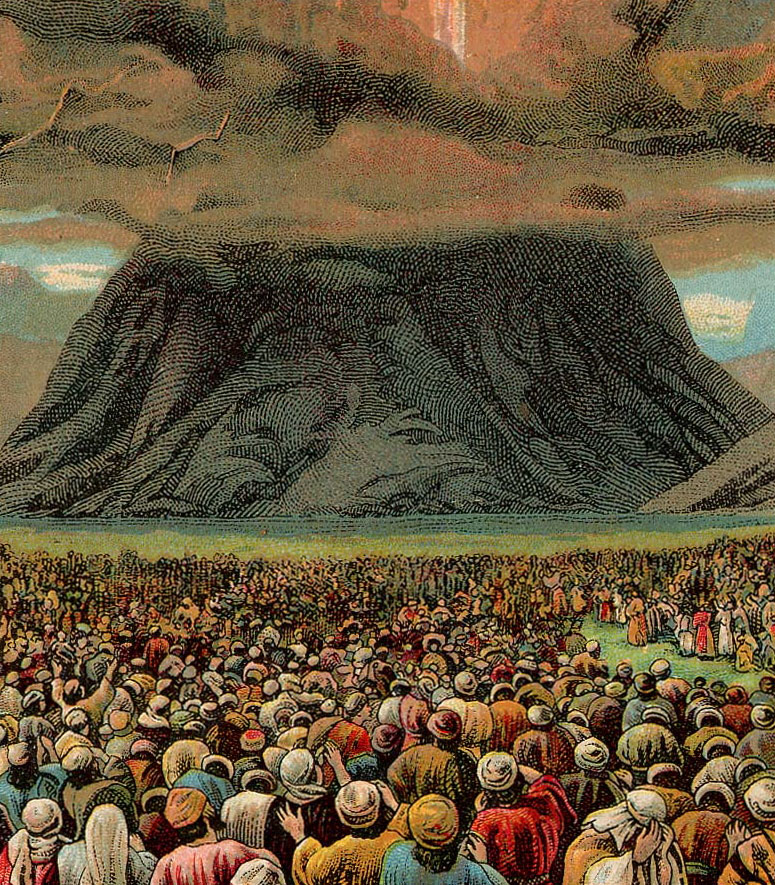 A painting. The Israelites who followed Moses into the wilderness stand in front of a large mountain. The upper part of the mountain is obscured by clouds. A light shines from above the mountain.