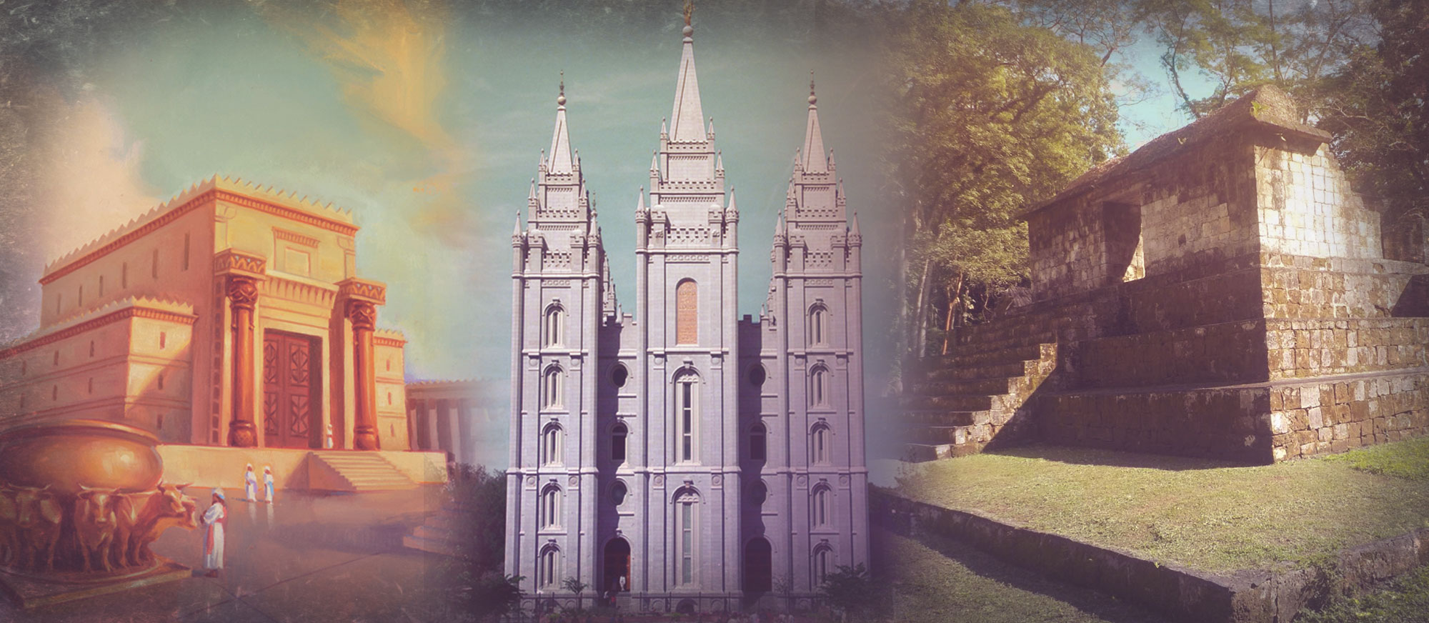 A collage of three buildings. From left to right, the temple of Solomon in Jerusalem, the Salt Lake Temple in Salt Lake City, and a mesoamerican pyramid structure