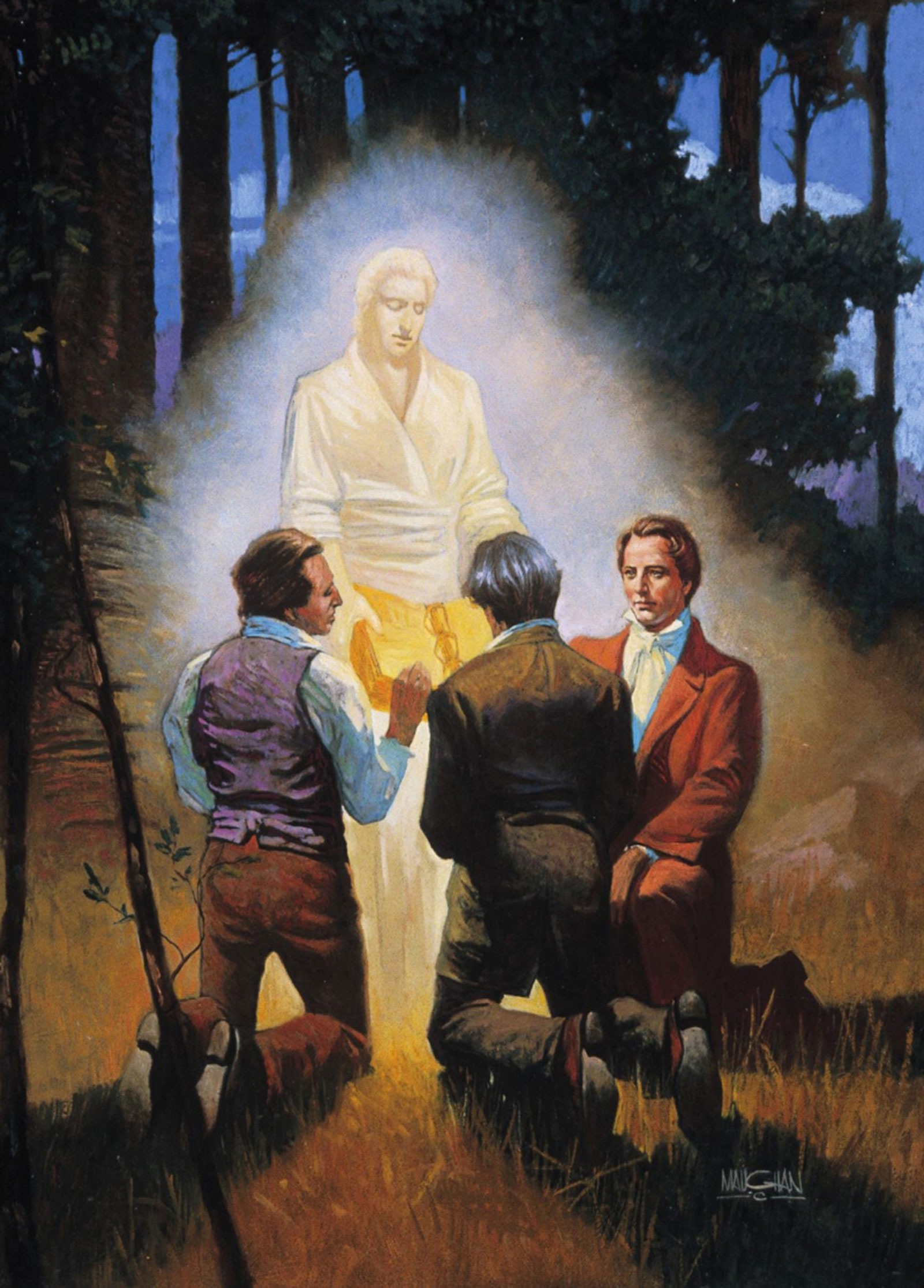 In a forest, a person in a white robe with light all around him holds a set of golden plates, showing it to three men who are kneeling.