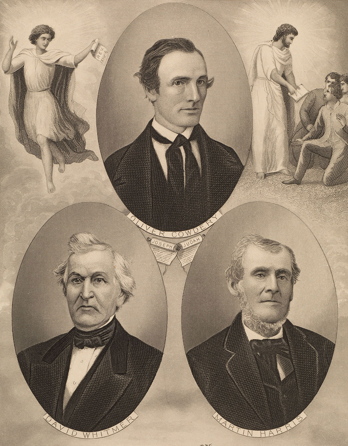 A collage of portraits of Oliver Cowdery, David Whitmer, and Martin Harris. On the upper right and upper left are images of angels.
