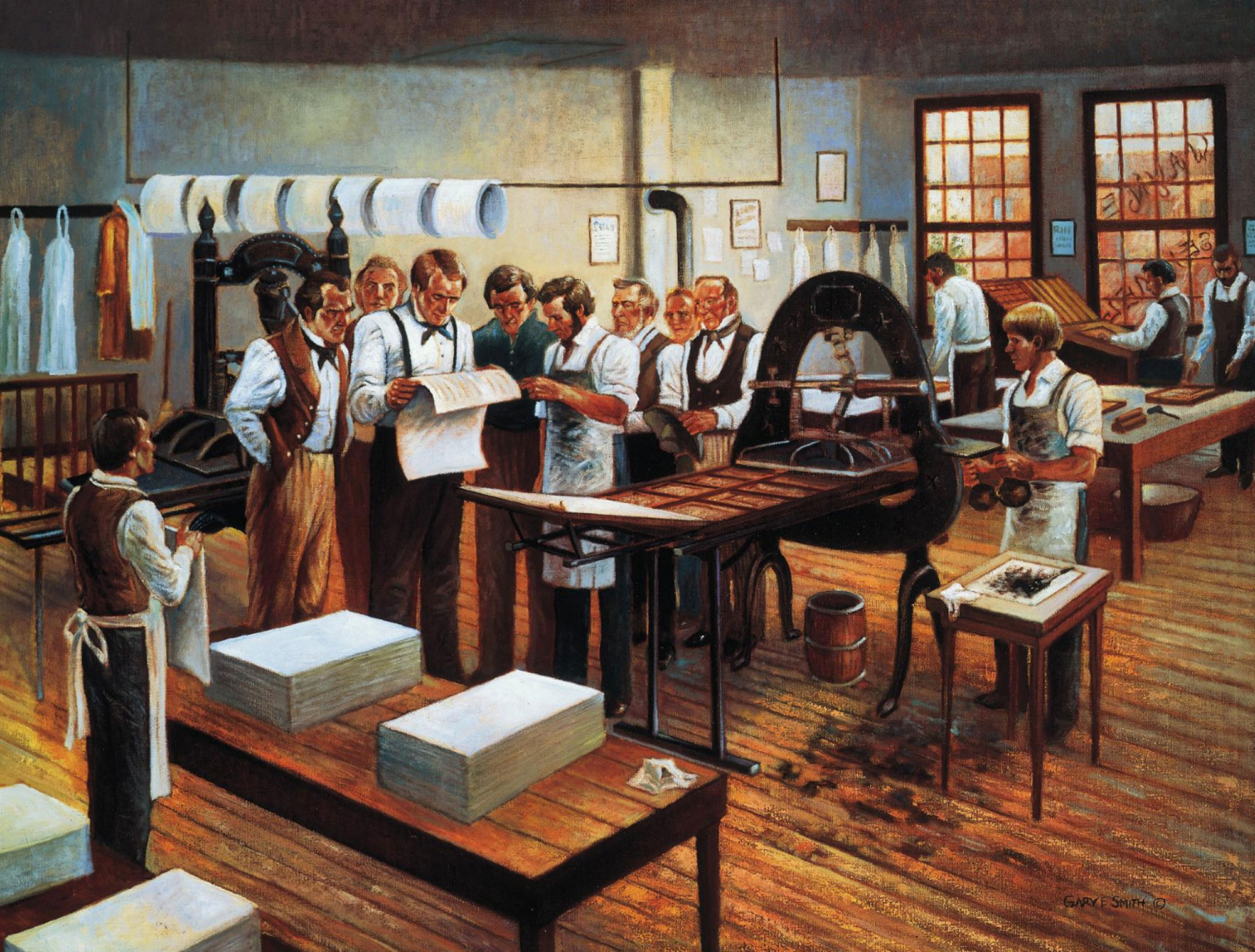 A painting. A group of 8 men stand in a printing office near a printing press. Joseph Smith, Jr. in the middle, holds a sheet of printed paper. Several other men in the printing office walk around working.
