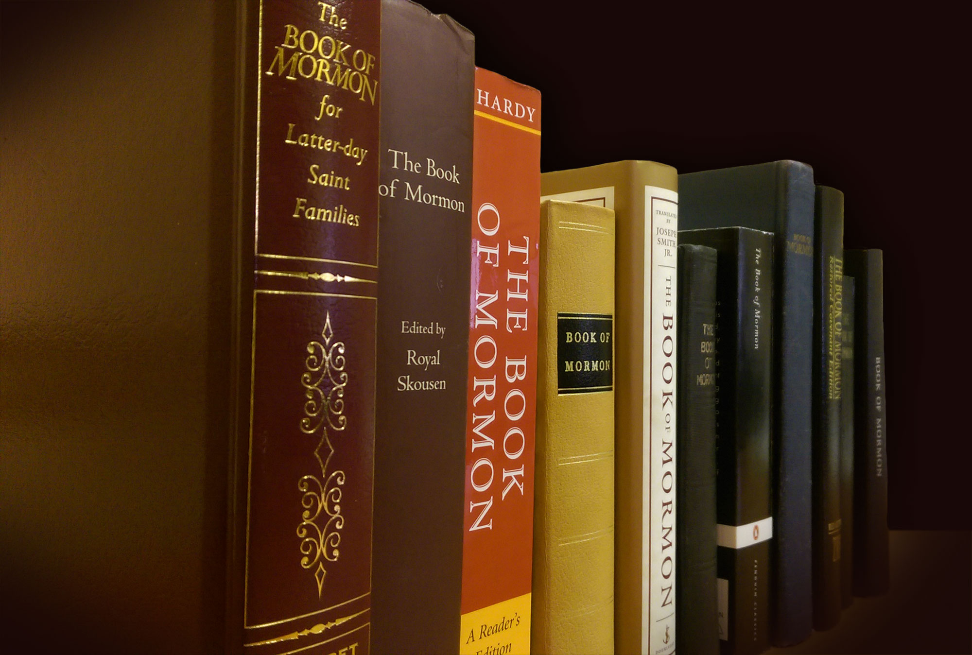 A row of 11 copies of The Book of Mormon are picture from one end