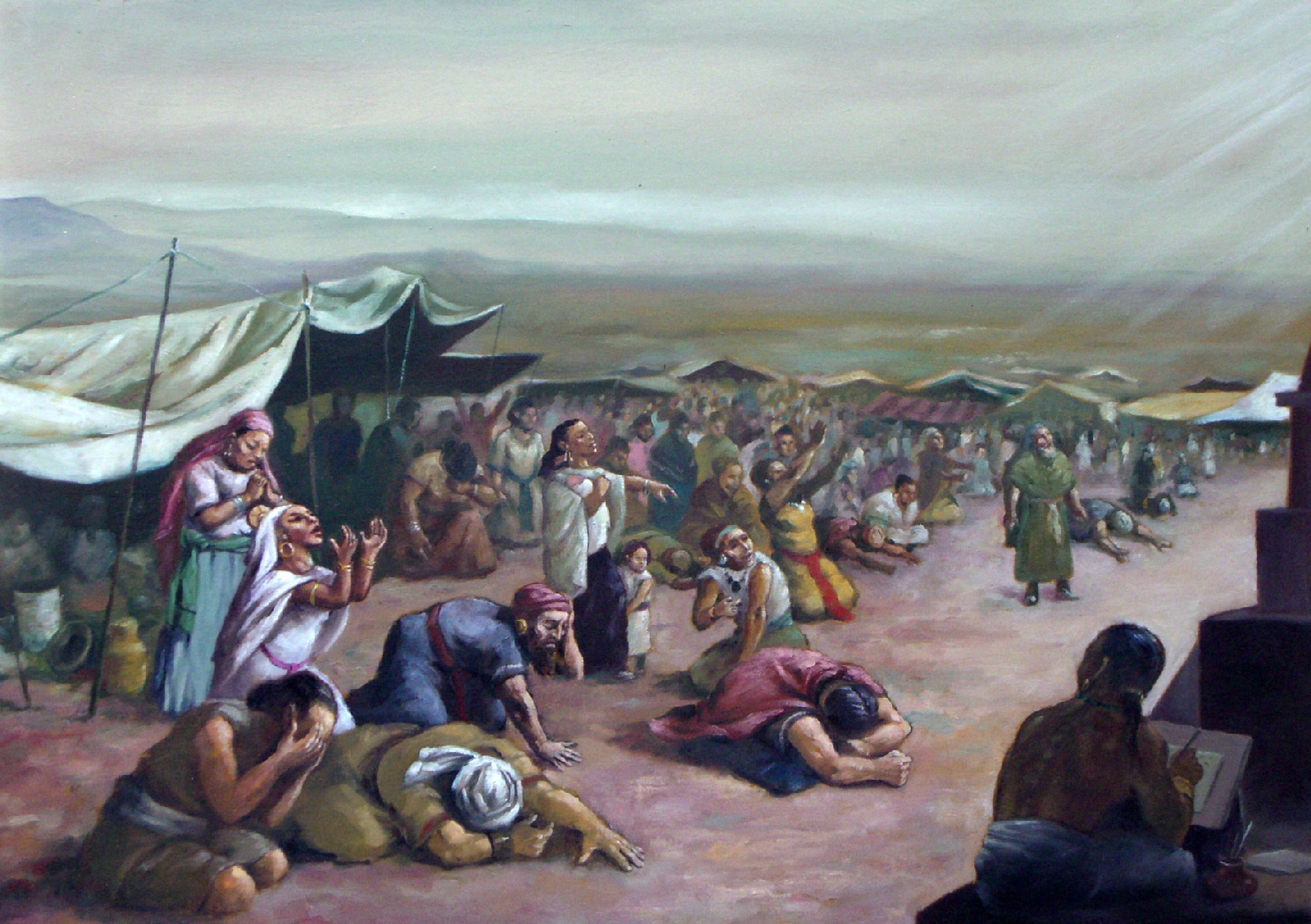 A group of people in front of tents stands in various attitudes of duplication, some fallen on the ground, some kneeling, some holding up their hands. In the bottom right corner is a scribe writing.