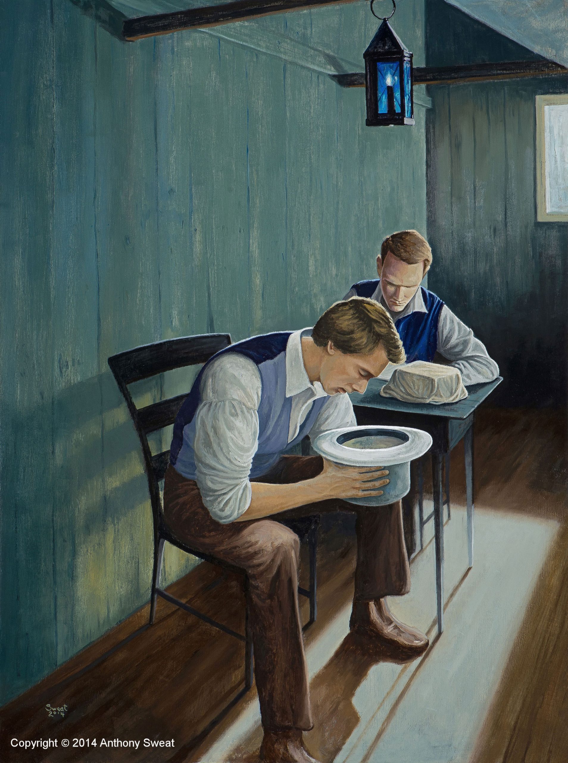 A painting. Joseph Smith sits on a chair in what looks like the upstairs of the Whitmer home, with someone behind him across a table, writing. A bundle covered in cloth, presumably the plates, sits on the table. Joseph looks into a white top hat.