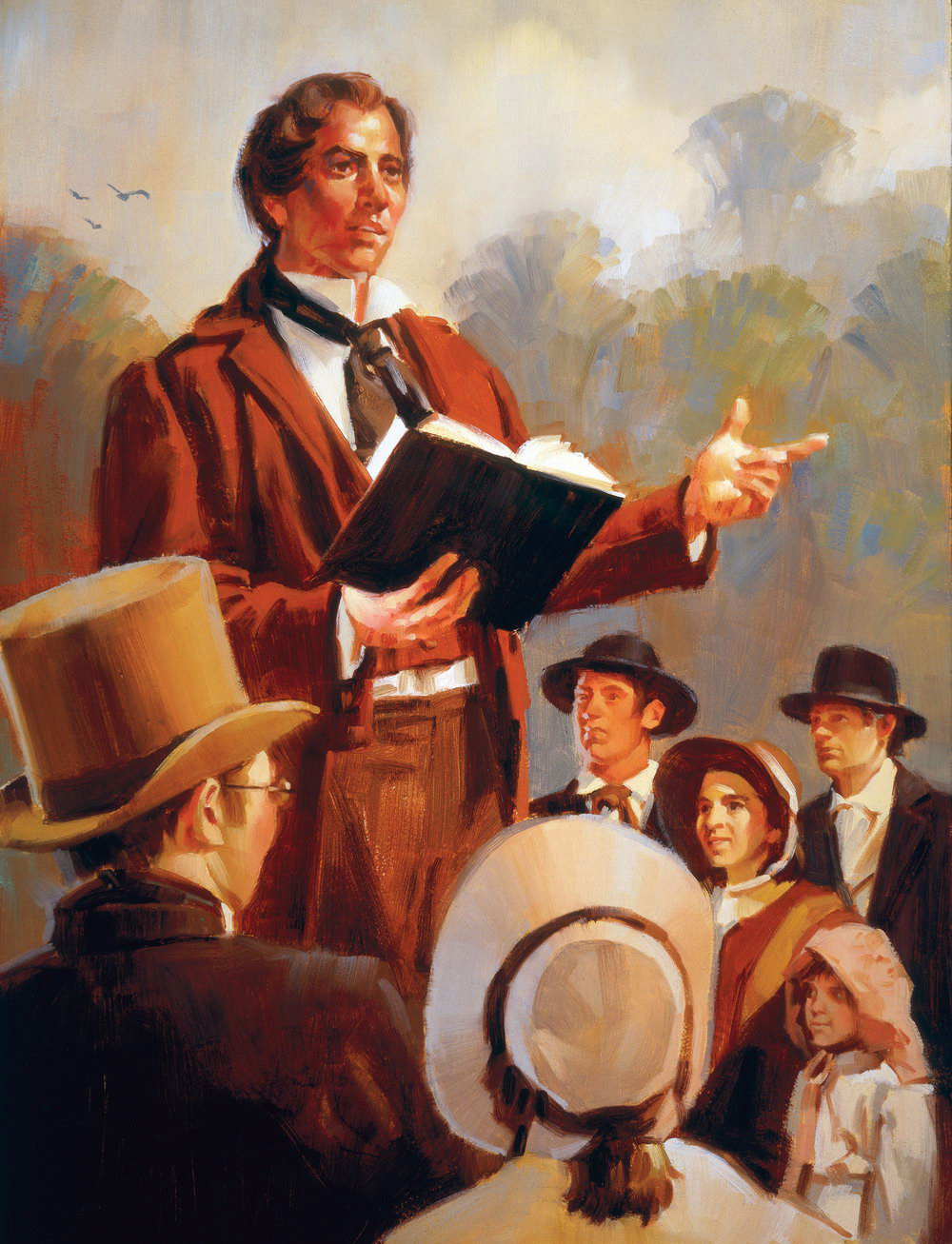 A painting. Joseph Smith, in a red-brown coat, white shirt, brown pants, and black cravat, holds an open book as he stands before a group of people and preaches to them.