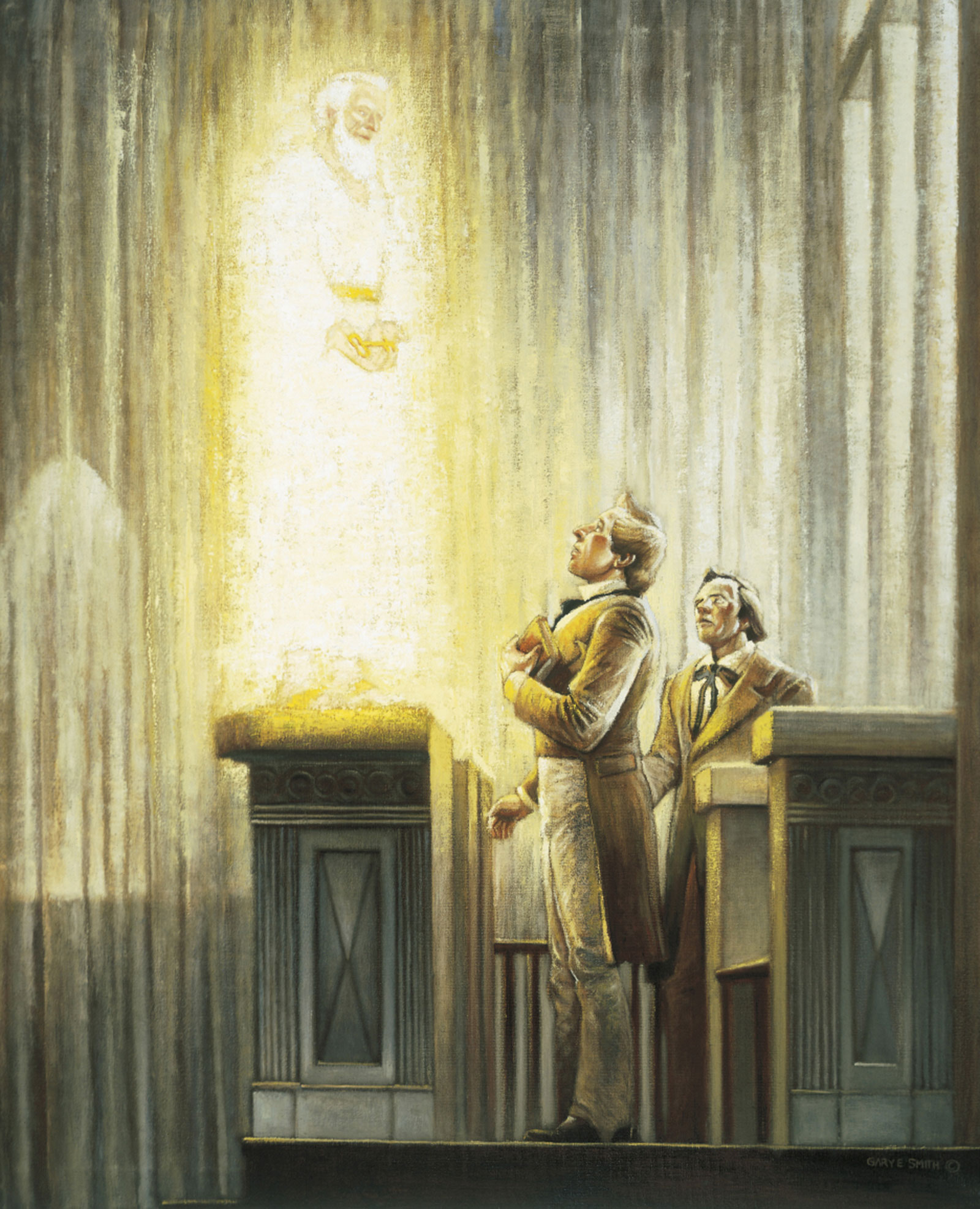 A painting. From the side we see Elijah standing above the Sacrament table in the Kirtland Temple. Joseph Smith and Oliver Cowdery, stand behind the table, looking up at him. Behind all the figures is a veil separating them from the rest of the temple. 