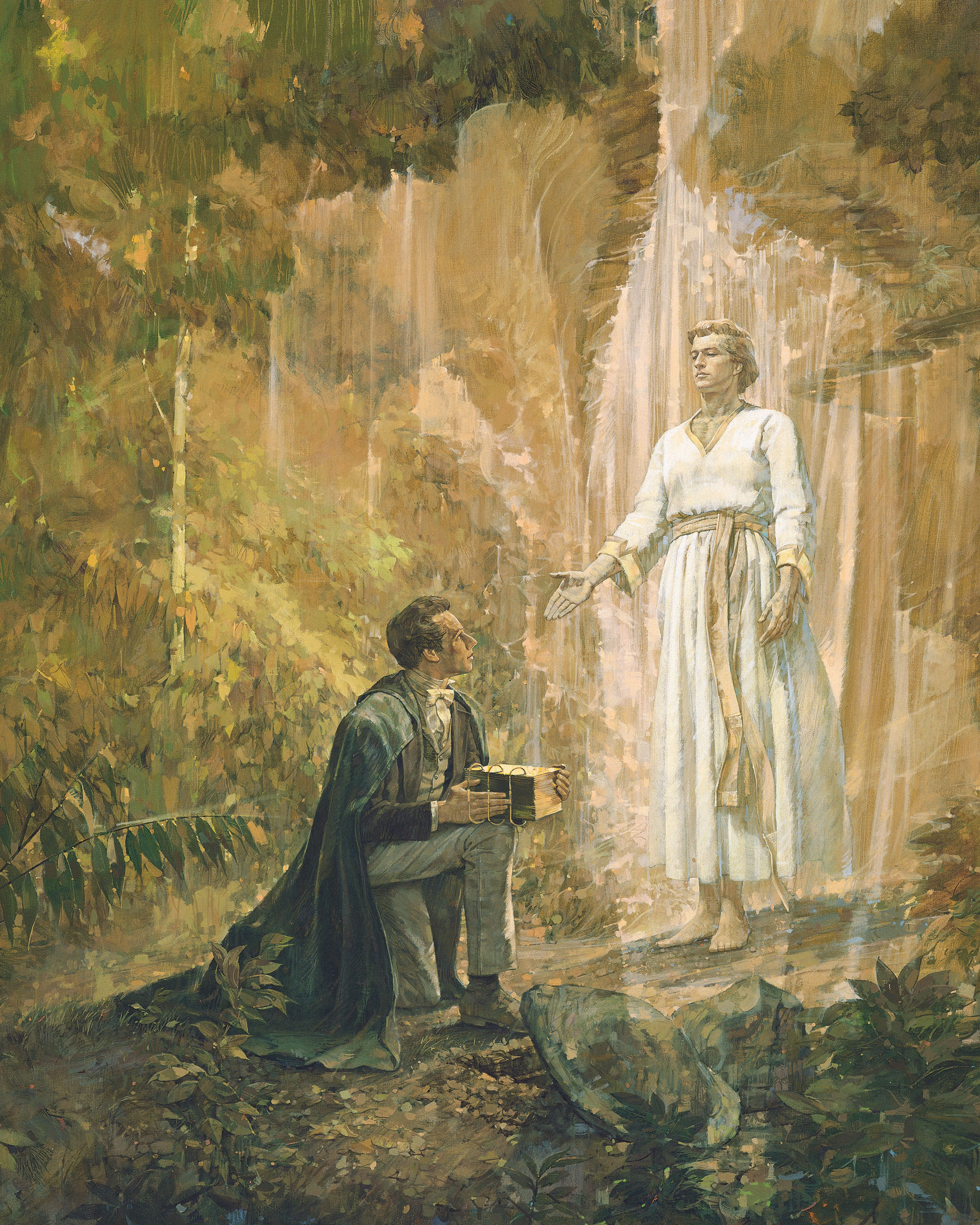 Moroni stands in front of Joseph Smith in a forest as Joseph removes the golden plates from the place they had been hidden. A shaft of light surrounds him, and he gestures toward Joseph with one hand. He wears a white rob and a golden sash. Joseph kneels on one knee and holds the plates on the other as he looks up at Moroni