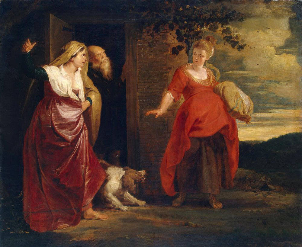 Painting is in a renaissance style. A visibly pregnant woman holding a bundle turns away from another woman who is looking at her angrily. They are outside a house, and a man looks through the doorway. A dog hunches down, barking at the woman from near the doorway. The pregnant woman wears bright red and the other woman a more muted magenta.