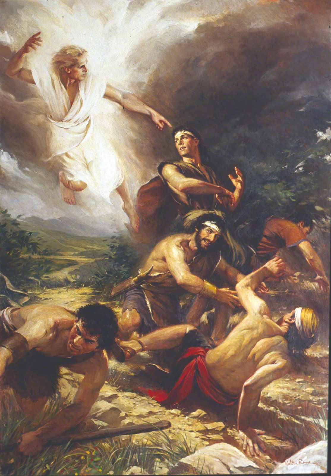 A painting. An angel in the top left corner of the frame points toward a group of men in various stages of falling to the ground. The men are Alma the Younger and the sons of Mosiah.